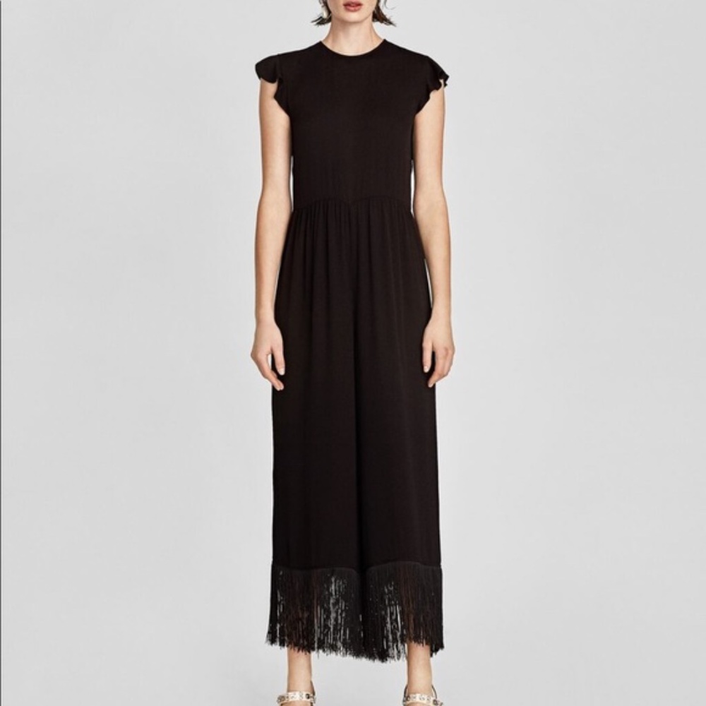 ZARA Women Black Jumpsuit with Hem Fringe